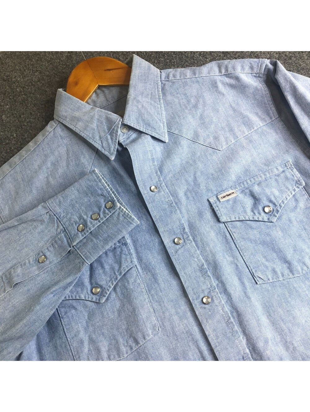 Vintage Carhartt Shirt Mens XL Blue Denim Western Pearl Snap Workwear 90s Y2K